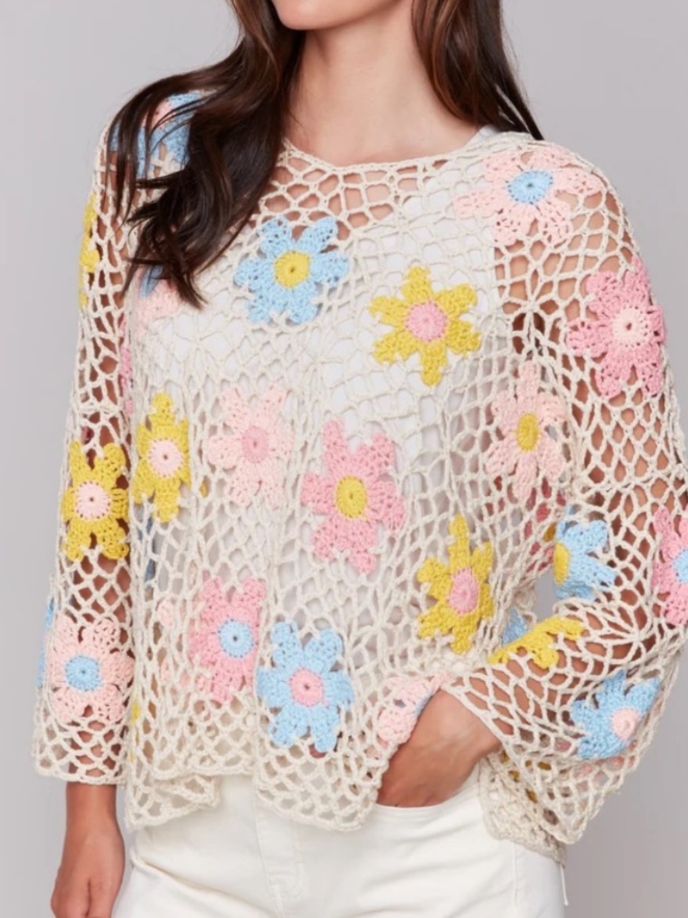 Charlie B Pastel Crochet Top in Cream, Yellow, Pink & Blue NWT Size Medium